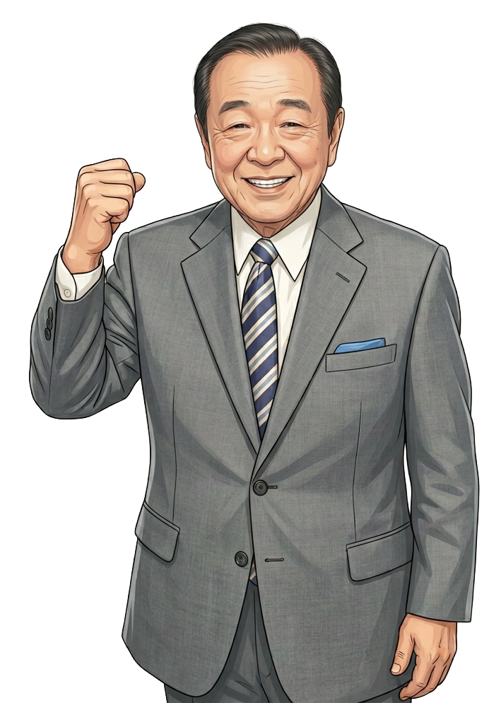 ガッツポーズをする鈴木ひでじのイラスト